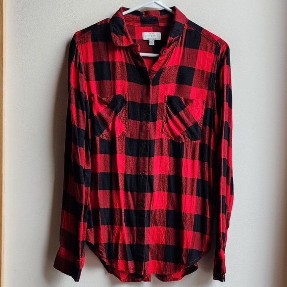 Lucky Brand Red/Black Plaid Brushed Flannel Button Down Shirt Size Small - Picture 6 of 16